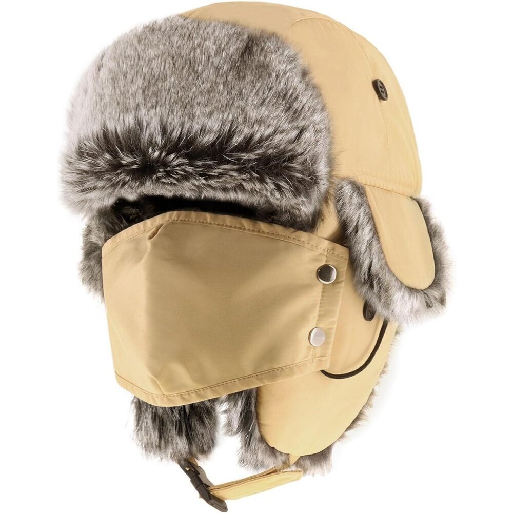 Men  Putty Waterproof Ushanka Trapper Hat with Ear Flaps & Chin Strap